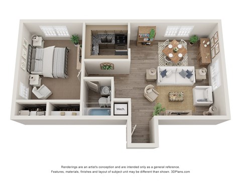 a stylized floor plan with a bedroom and a living room